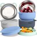 Bakpoco Baby Suction Bowls with Lids 4-Pack, 2-in-1 Stainless Steel 304 Toddler Bowl & Removable Silicone Suction Kids Bowl Plate Set Non Toxic Snack Dishes for Self-Feeding, Ocean Explorer Set