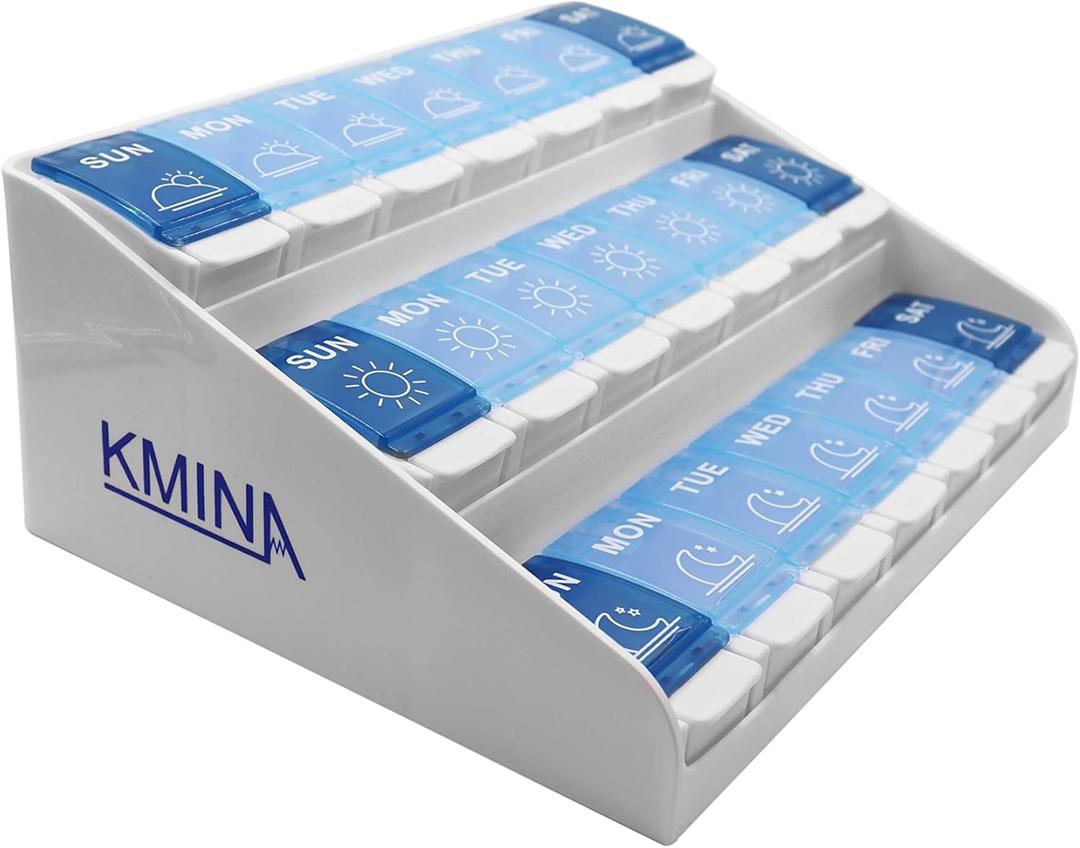 KMINA Extra Large Pill Organizer 3 Times a Day, Weekly Medicine, 7 Day Pills Box Case with Push Button for Big Vitamin Supplements, Patented, Made in Europe