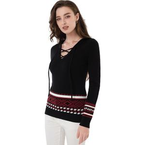 AmélieBoutik Women Fair Isle Lace Up Pullover Hooded Sweatshirt Small