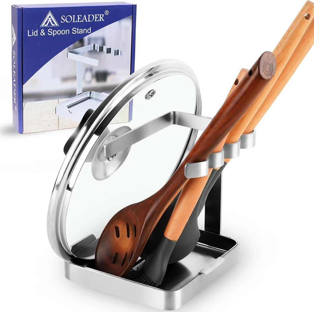 SOLEADER Pot Lid Holder While Cooking, 2 in 1 Stainless Steel Upright Spoon Rest with Drip Tray, Space Saving Kitchen Utensil Organizer for Stove Top Countertop, Lid Rack for Pots and Pans