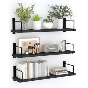 Floating Shelves - 24 Inch Wall Mounted Set of 3, Rustic Wood Storage Shelves for Living Room (Black)