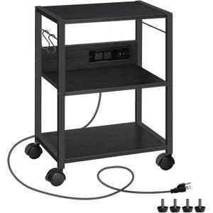 Industrial Printer Cart, 3-Tier Mobile Printer Stand, Rolling Cart with Power Outlets and USB Ports, Home Printer Stand with 2 Hooks, for Office, Living Room, Black PTHB40E01