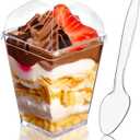 50Pack 5oz Plastic Dessert Cups with Lids and Spoons, Square Clear Parfait Appetizer Cups, Mini Reusable Shooter Serving Cups, Party Dessert Shot Glasses for Tasting