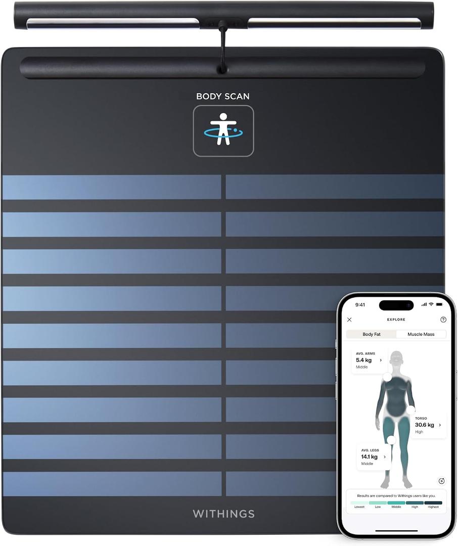 WITHINGS Body Scan - Smart Scale with Segmental Body Composition Analysis, Weighing Scales Body Weight & Vascular Age, Visceral Fat, Heart Rate, iOS/Android, Black 
