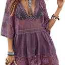 Eomenie Women's Contrast Lace Bathing Suit Cover Up V-Neck Swimsuit Coverups Loose Swimwear Beach Dress Beachwear size L