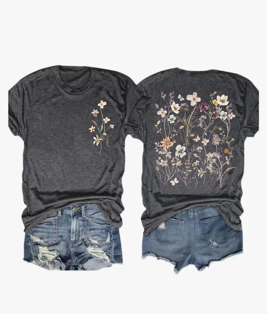 Women's Vintage Flowers Shirt Casual Boho Floral Printed T-Shirt Sunflower Wildflowers Graphic Tees Tops for Girl, L