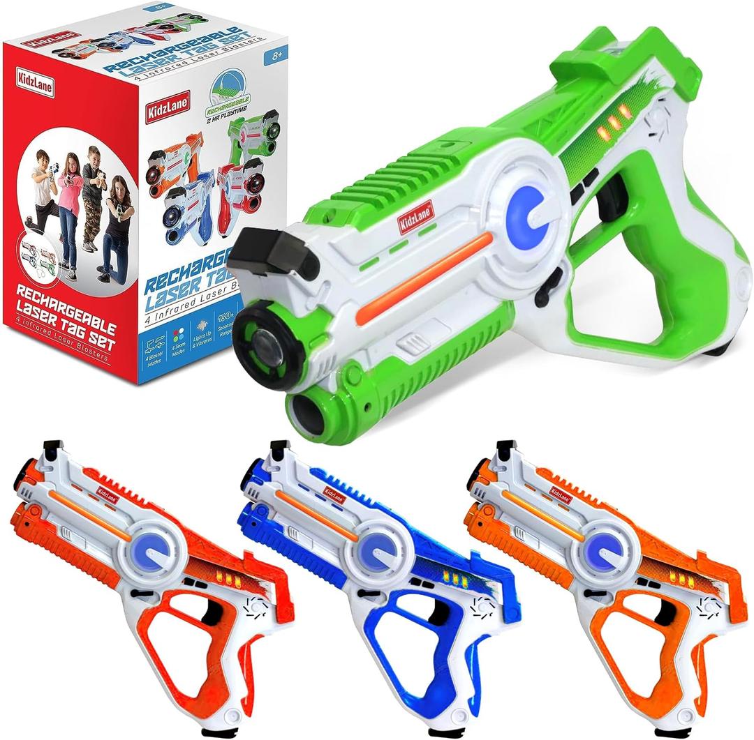 Kidzlane - Rechargeable Laser Tag Guns Set of 4 - High-Tech Infrared Laser Tag for Kids and Adults with Realistic Sounds, Vibrations and LED Lights - 4-Team Multiplayer Game