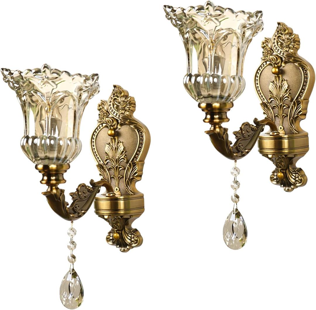 Glass Wall Sconce Set of 2, Antique Brass Wall Light, Crystal Floral Bedside Wall Lamp for Entrance, Bedroom, Hallway