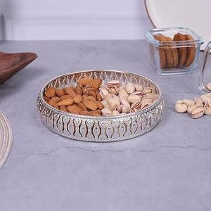 Garden of Arts Silver Decorative Multipurpose Round Tray – 6 × 1 Inches Ornate Metal Platter for Snacks, Dry Fruits, Makeup, Jewelry, Puja & Gifts – Elegant Home Décor Serving Tray, Was used