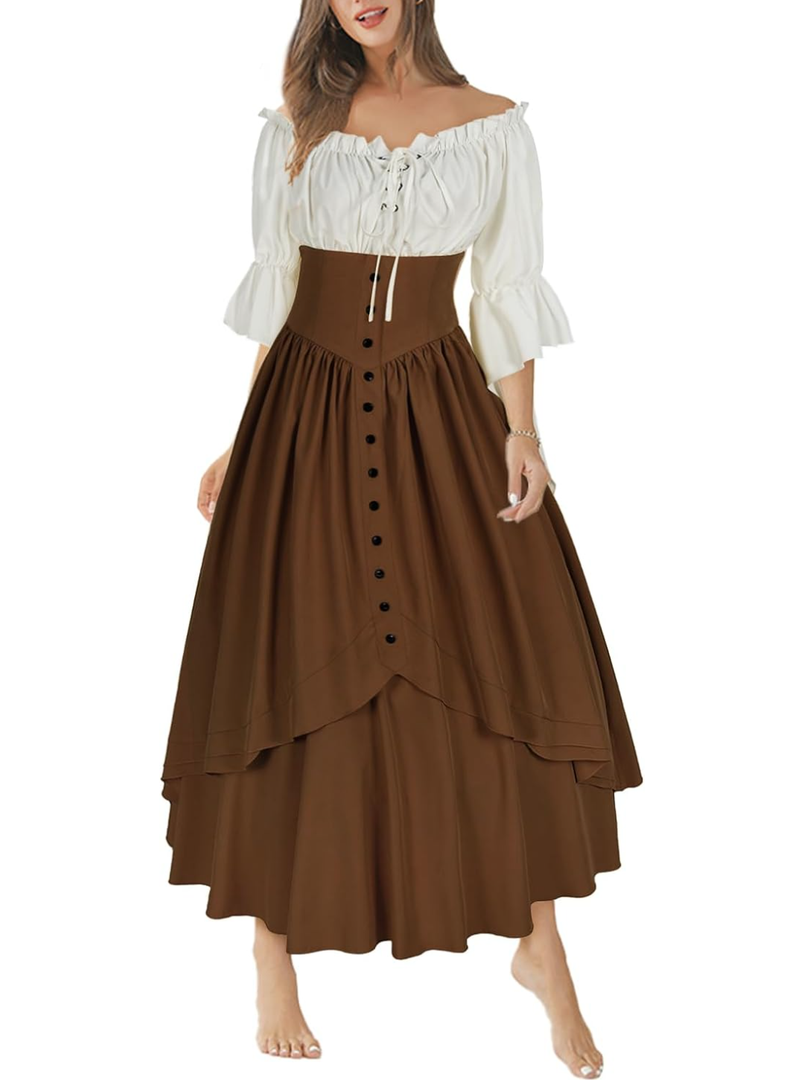 Mingyuezai Women Renaissance Costume Medieval Victorian High Waisted Button Skirt Set, Small