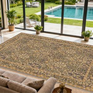 Area Rug for Living Room, 10x12 Large Washable Rugs for Dining Room, Bedroom, Non Slip Stain Resistant Carpet, Low Pile Vintage Floral Rug (Goldenrod)