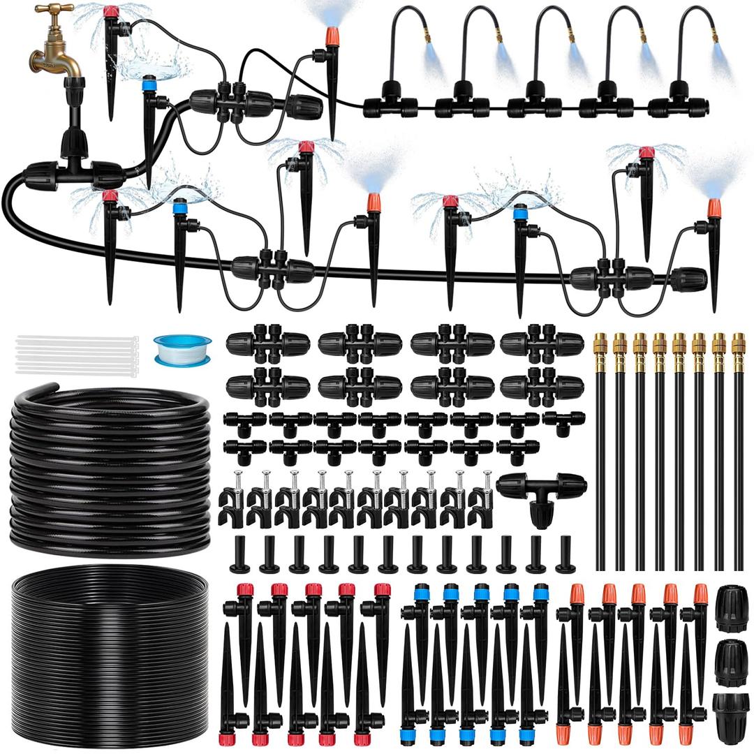 230FT Drip Irrigation System for Garden with 38pcs Adjustable Copper Nozzles & Emitters, Automatic Garden Watering System with 1/2" & 1/4" Tubing for Raised Bed, Yard, Greenhouse, Potted Plants, Lawn, 33FT 1/2'' Main Tube + 197FT 1/4'' Drip Tube
