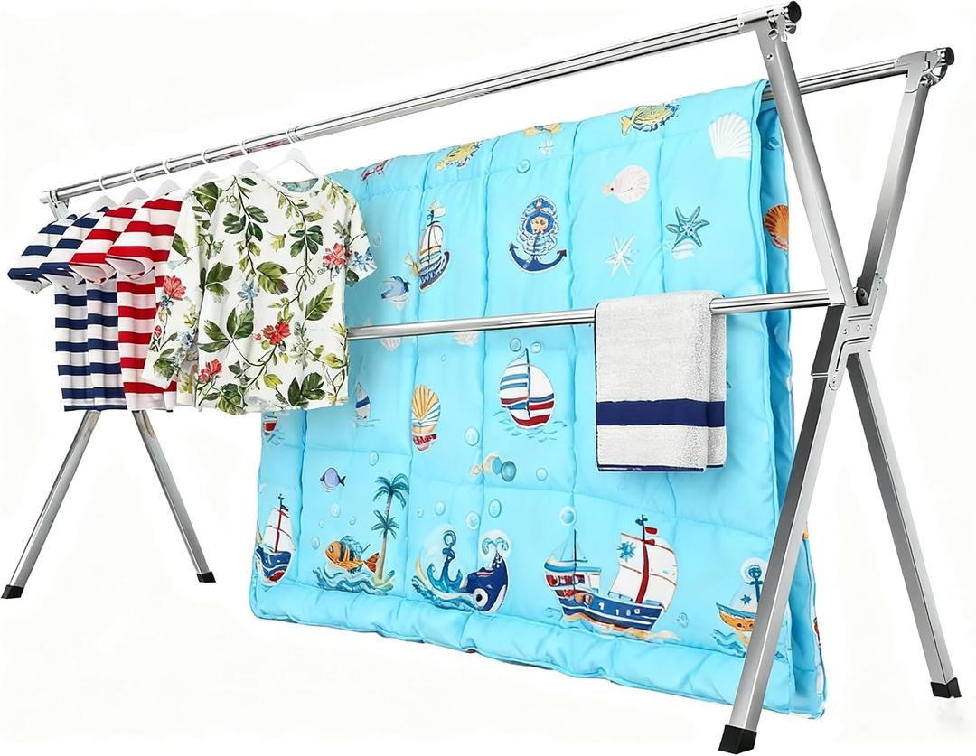 Clothes Drying Racks Outdoor, Updated Version,Stainless Steel Laundry Drying Rack for Indoor Outdoor and The Balcony,Length Adjustable Saves Space,with Windproof Hooks