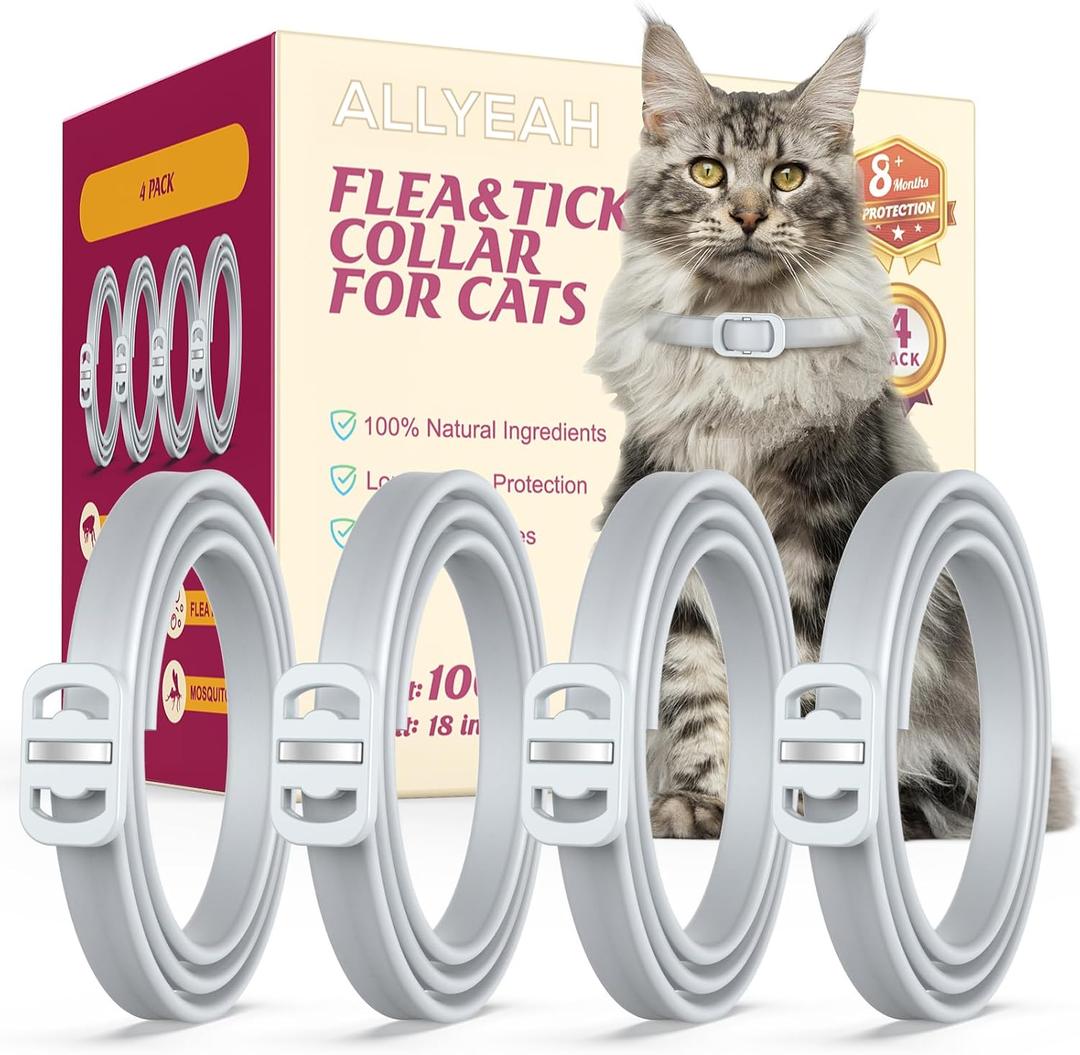 Natural Flea and Tick Collar for Cats  4 Pack, Long-Lasting Protection, Waterproof, Adjustable Size for Kittens and Adult Cats