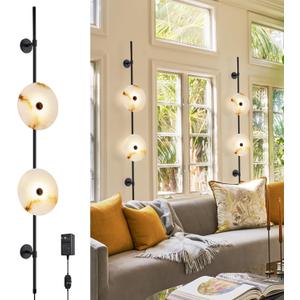 Alabaster Wall Sconce,8W Round Natural Marble Plug in Wall Sconce Lamp Cord with Knob Dimmer Switch, Indoor LED Modern Wall Lamp for Bedroom, Stairs, Living Room, Bedside, Hallway (Black) (1 Pack)