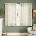 jinchan Small Window Curtains 45 Inch Length Linen Cafe Curtains for Kitchen Bathroom Bordered Floral Embroidered Short Drapes Rustic Farmhouse Light Filtering Curtain Set 2 Panels Green on Beige