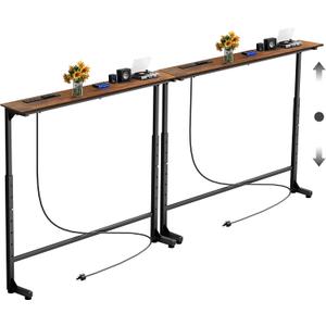 90 inch Narrow Console Table with Outlet,Adjustable Height(25"-37") Behind Sofa Table,Couch Behind Table Skinny,Couch Shelf with Charging Station,Long Entryway Tables for Living Room, Brown