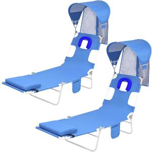 Backpack Beach Tanning Chair with Canopy Sun Shade & Face Hole, 6 Position Folding Lounge Sun Chair for Adults Outside Reading Sunbathing Poolside Camping Lawn, UPF 50+, 2 Pack, Patent Design (Royal Blue)
