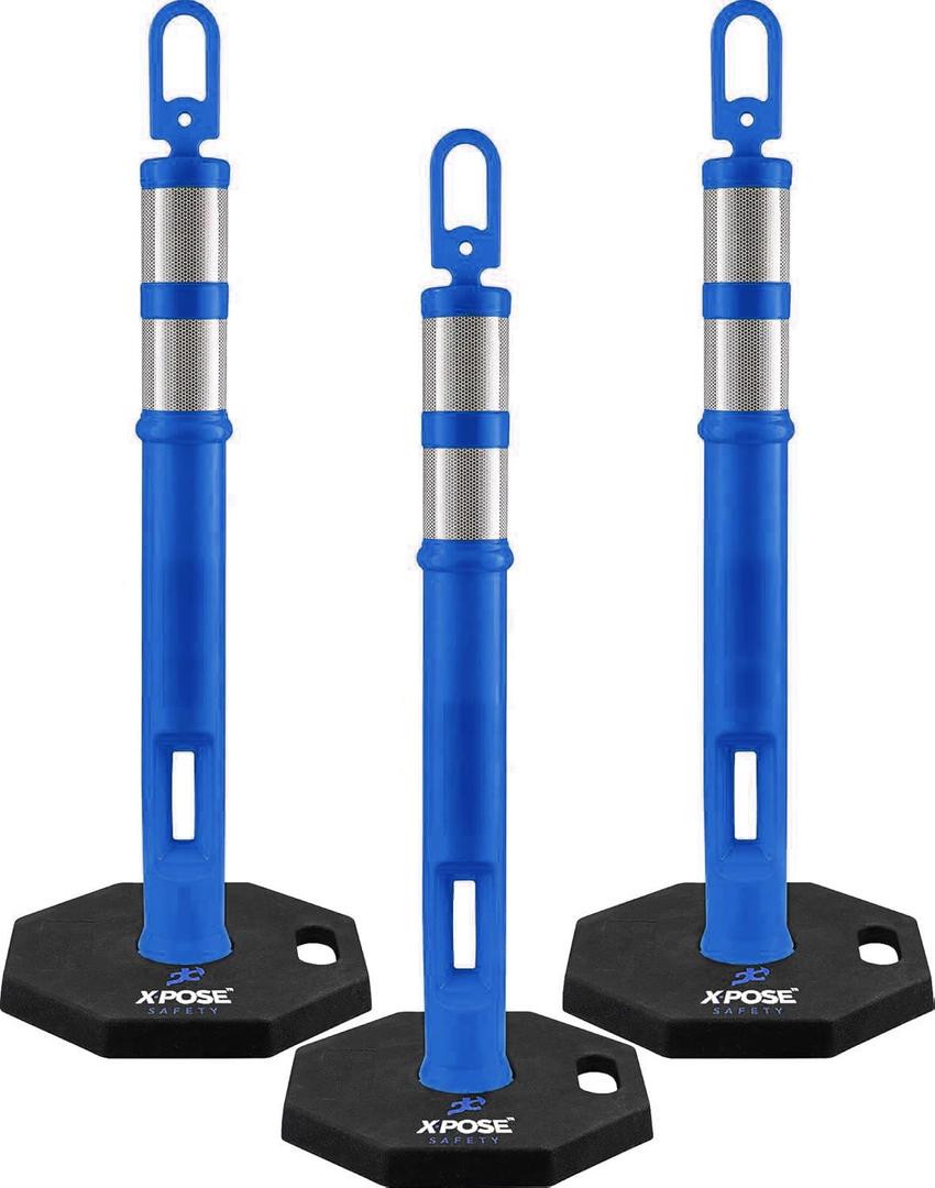 Xpose Safety 45" Blue Delineator Posts with Base, 3-Pack Ring Top, 10" Reflective Band, 13 lb Rubber Base Traffic, Parking, Construction, Events