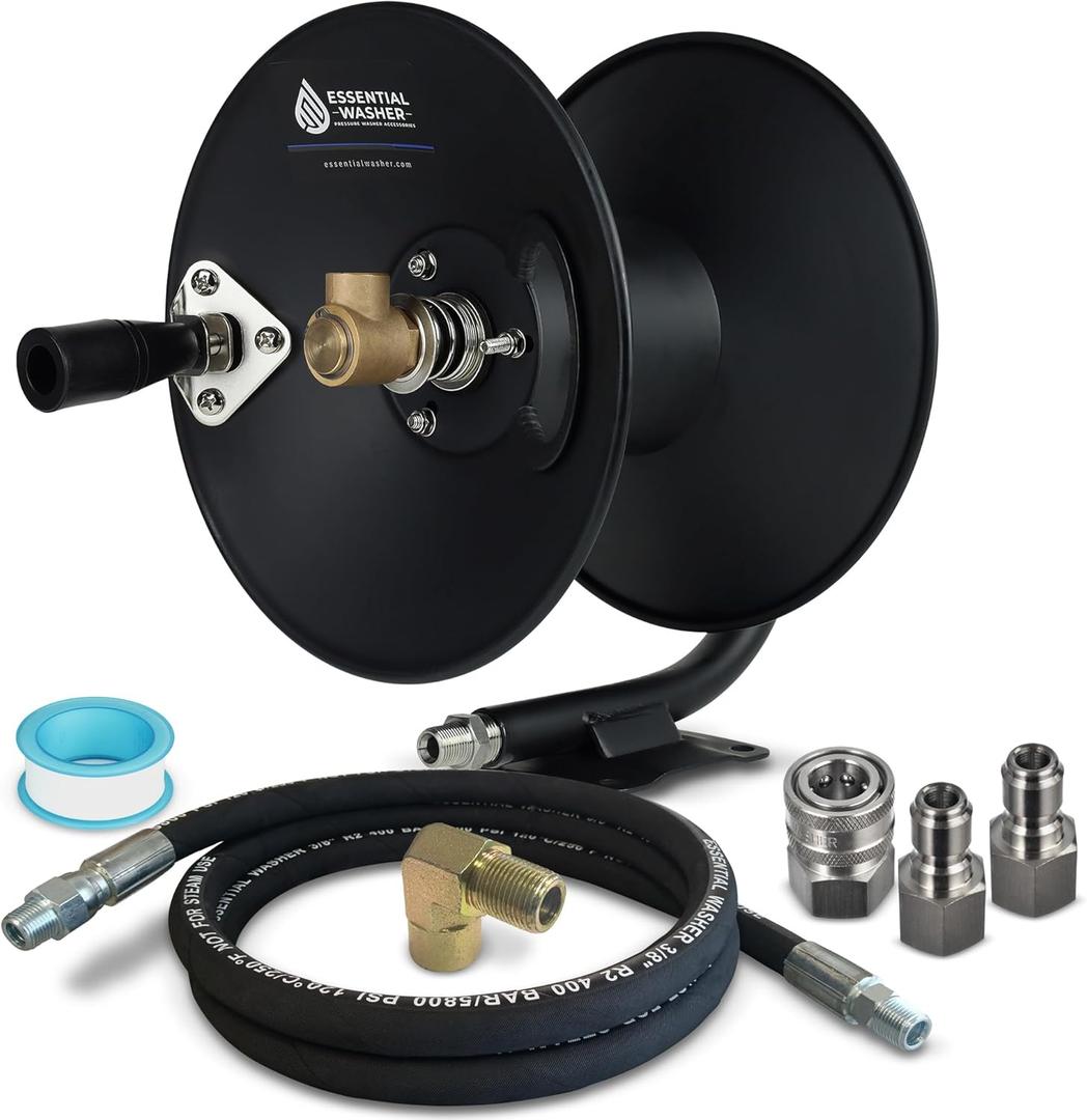 ESSENTIAL WASHER Pressure Washer Hose Reel 50 FT Kit | 4000 PSI Power Washer Hose Reel | Made For 3/8" Hose | Comes With Additional Accessories | (Assembly Required)