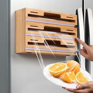 Allinside Magnetic Plastic Wrap Dispenser with Cutter, 3 in 1 Refrigerator Bamboo Wood Organizer for Tin Foil, Baking Paper, Wax Paper Holder Kitchen Storage Box Compatible with 12.9" Roll (3 Layer)