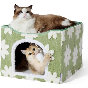 Lesure Indoor Cat Beds Kitten House - Large Cat Cave for Pet Cube with Fluffy Ball Hanging, Foldable Small Animal Hideaway, 16.5x16.5x13 inches, Flower Garden Green