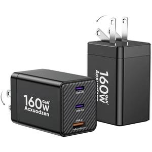 [2 Pack] USB C Charger Block 160W, 3-Port GaN Super Fast Charger, Dual 65W Type C Charging Block, Foldable QC3.0 Laptop Fast Charging Adapter for MacBook, iPhone, Samsung, Galaxy, iPad, Android, Black