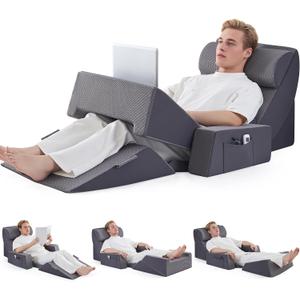 9PCS Wedge Pillow Set for After Surgery Recovery, Adjustable Memory Foam Neck Pillow,Foam Leg Pillow,Relieves Neck,Leg Pain,Sleep Apnea,Reading Pillow with Breathable Seersucker,Dark Grey