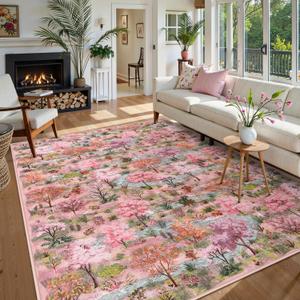 Wonnitar Pink Rugs for Bedroom Girls, Forest Print 8x10 Washable Rug, Boho Soft Ultra-Thin Non-Slip Large Woodland Jungle Carpet for Dorm, Apartment, Nursery, Living Room