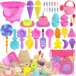 Dreamon Collapsible Beach Toys Set for Kids 3-10, Collapsible Sand Bucket Shovels Set with Mesh Bag and Beach Molds, Ice Cream Sand Toys for Beach, Sandbox Travel Toys for Kids Toddlers Girls