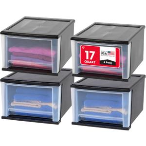 IRIS USA 17 Qt. Medium Plastic Stacking Drawer, Stackable Storage Organizer Unit with Sliding Drawer for Bedroom Kitchen Under Sink Pantry Craft Room Dorm Office, Black, 4-Pack