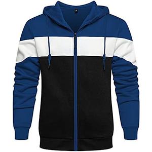 DUOFIER Men's Hoodies Zip Front Sweatshirt Color Blocking Hooded (Size M, Blue)