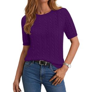 Zeagoo Cable Short Sleeve Sweaters for Women Summer Spring Cute Tops 2026 Trendy Business Causal Outfits Work Blouses Clothes (Purple)