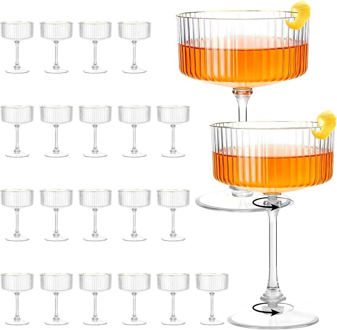 Plastic Martini Glasses 10oz, Detachable Ribbed Coupe Glasses with Gold Rim, Disposable & Reusable Unbreakable BPA-free Vintage Cocktail Cups, Champagne Coupe for Party Wedding (Clear, 24pcs), 4 inches x 5.8 inches
