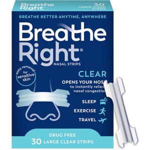Breathe Right Nasal Strips, Clear Large Nose Strips, Snoring, Nasal Congestion, Deviated Septum, Allergies, 30 Ct