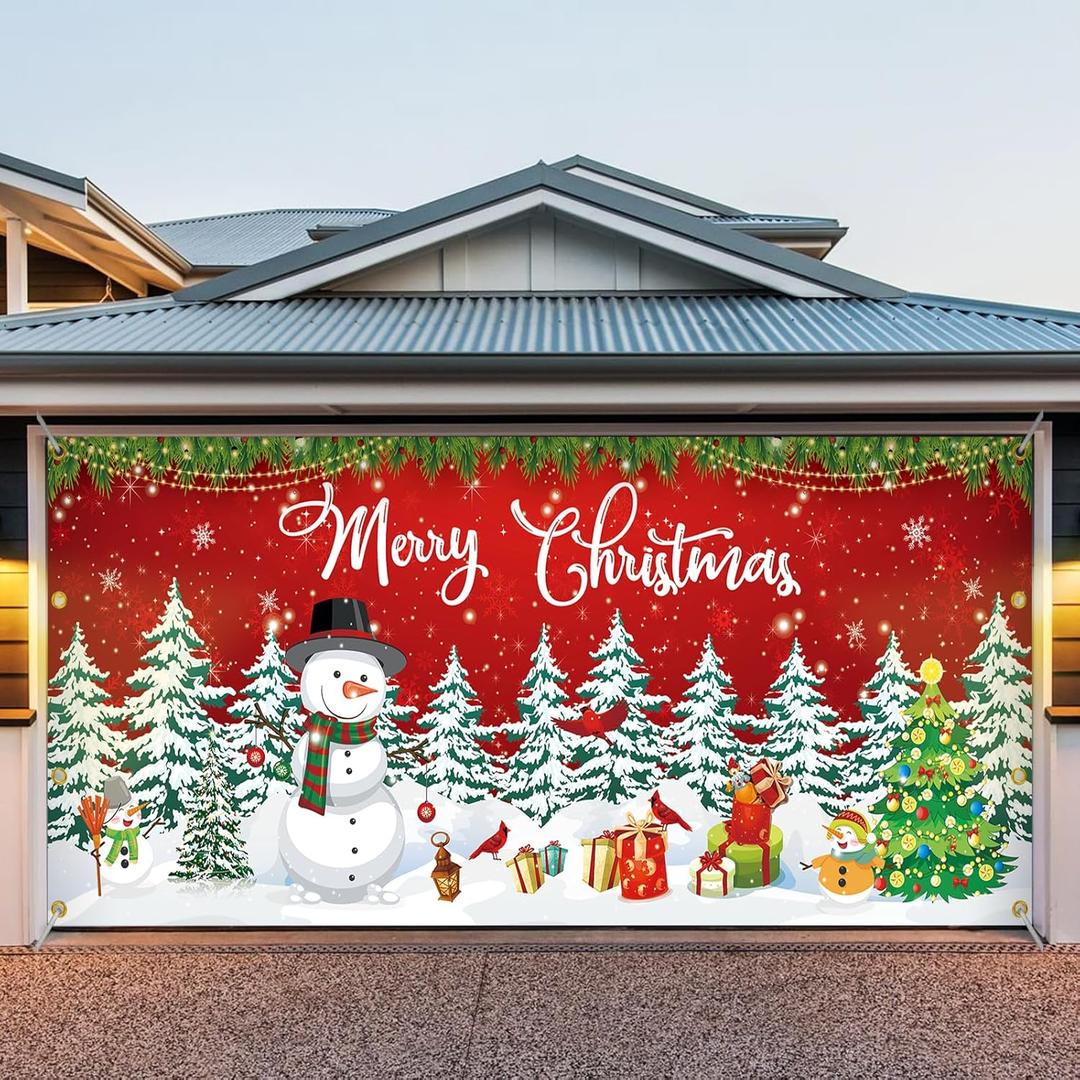 7x16 ft Christmas Garage Door Cover, 2025 Garage Door Christmas Decorations, Large Garage Door Xmas Cover, Outdoor Xmas Banner Decorations (Snowman Scene)