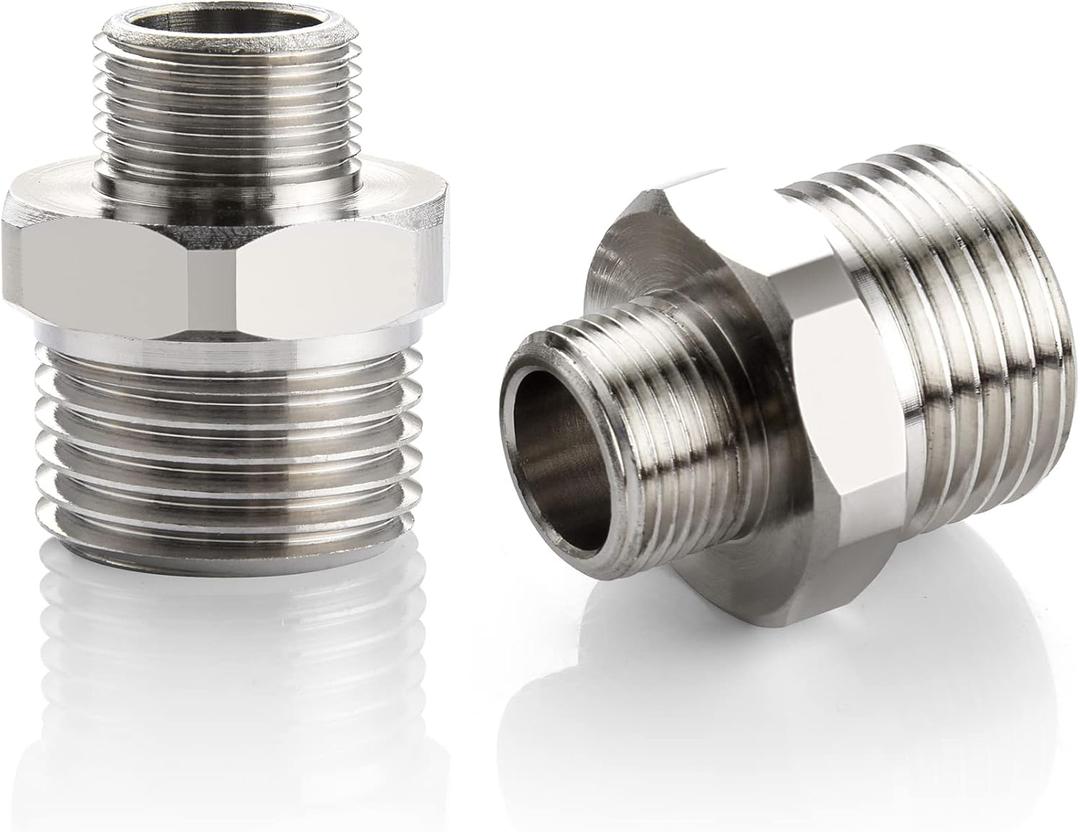 1/2 to 3/8 Reducer Faucet Adapter - Compression Brass Pipe Fitting, 3/8 Male to 1/2 Male Supply Line Adapter for RV Kitchen Plumbing, Water Hose Pipe Connector with Rubber Washer, (2 Pack)