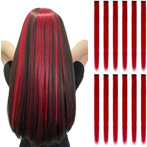 12PCS Colored Red Hair Extensions Straight Multicolor Clip in Colorful 20 Inch Rainbow Hair Extensions for Kids Women's Gifts Halloween Christmas Party Highlights (12pcs Red)
