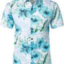 JOGAL Men's Flower Casual Button Down Short Sleeve Hawaiian Shirt Suits (L)