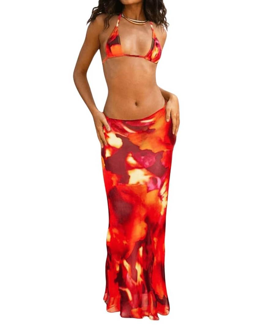 GORGLITTER Women's 3 Piece Swimsuits Tie Dye Y2k Halter Triangle Thong Bikini Sets with Cover Up Skirt L