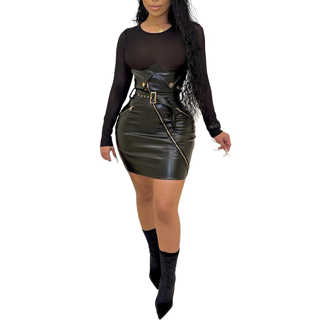 sedmoda Women Sexy Faux Leather Mini Dress Sheer Mesh Patchwork Long Sleeve Bodycon Dresses Party Club Outfits M