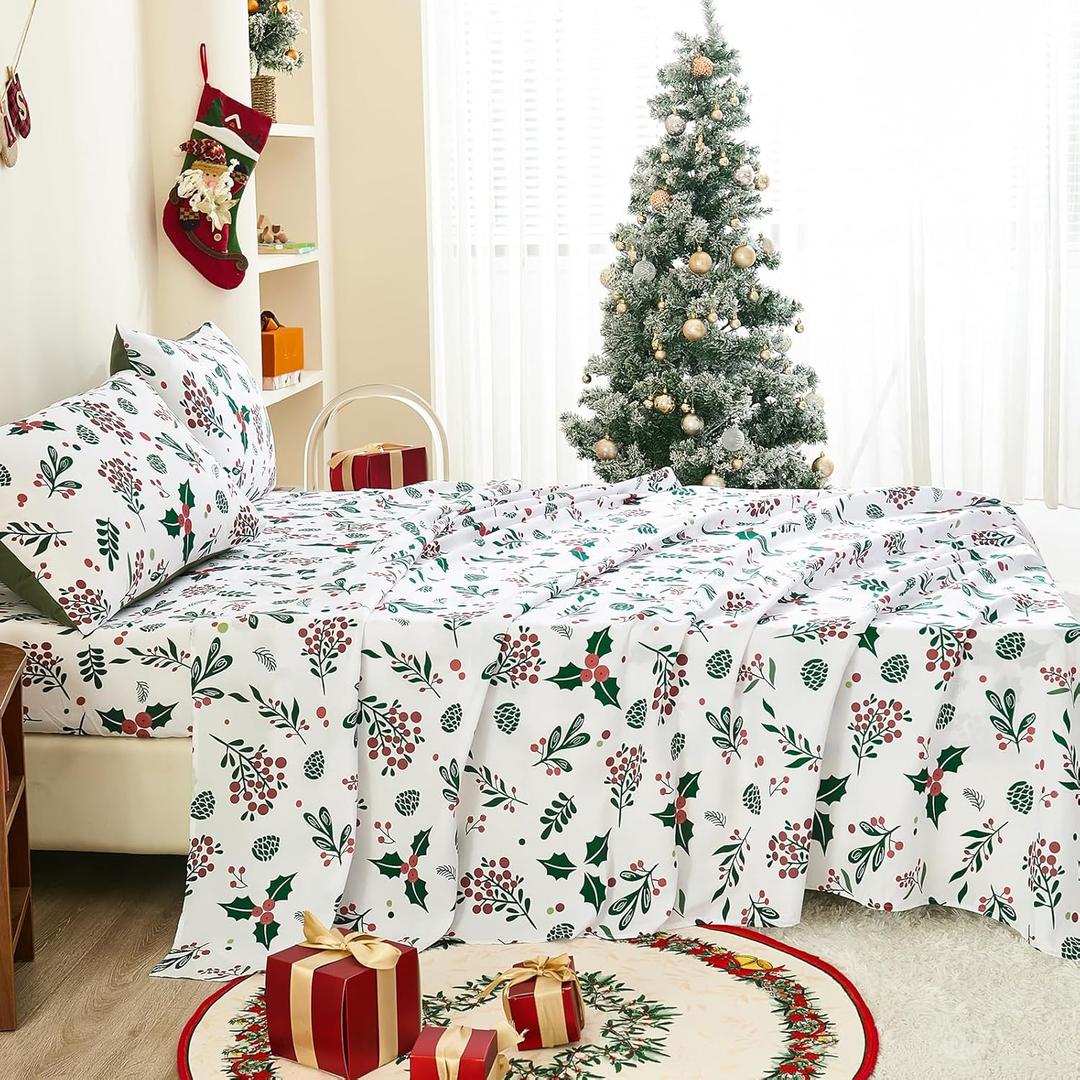 WONGS BEDDING Queen Sheet Set, Christmas Holiday Holly Berry Pattern 4 Pieces Sheet for Queen Bed,Soft Microfiber Christmas Pine Cones Bedding Sheets Deep Pocket Sheets