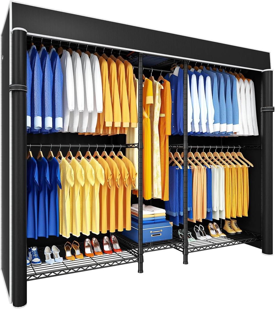 Ulif E12C Pro Heavy Duty Closet Organizer SystemFreestanding Clothing Rack, Adjustable Garment Rack 71" W x 16" D x 76.5" H Holds 960 lbs, Black Rack with Black Dustproof Cover