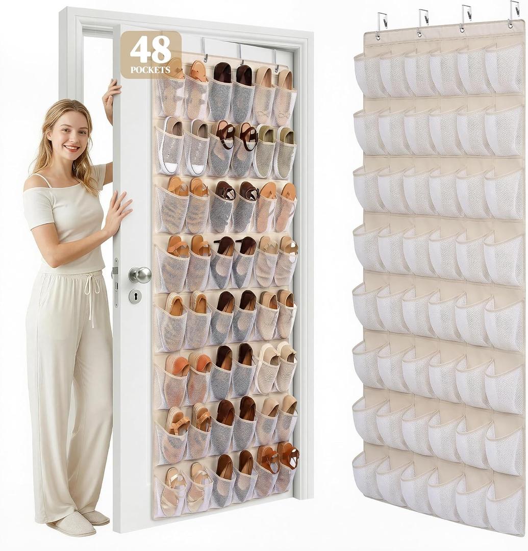 48 Pockets Over The Door Shoe Organizer, Large Mesh Hanging Shoe Rack, 6-Column Heavy Duty Shoe Storage for Sneakers and Heels, Behind Door Holder for Entryway Bedroom Dorm College, Beige