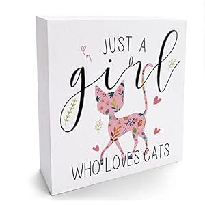 Funny Cat Sign Cat Gifts for Cat Lovers Desk Decor Wooden Box Sign Cat Gifts Cat Stuff Cute Wood Block Plaque Box Sign for Girls Room Home Office Shelf Table Decoration Just A Girl Who Loves Cats