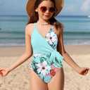 Girls Swimsuit One Piece Bathing Suit Tropical Floral with Adjustable Straps Girls'Swimwear with Cover Up 10-12T