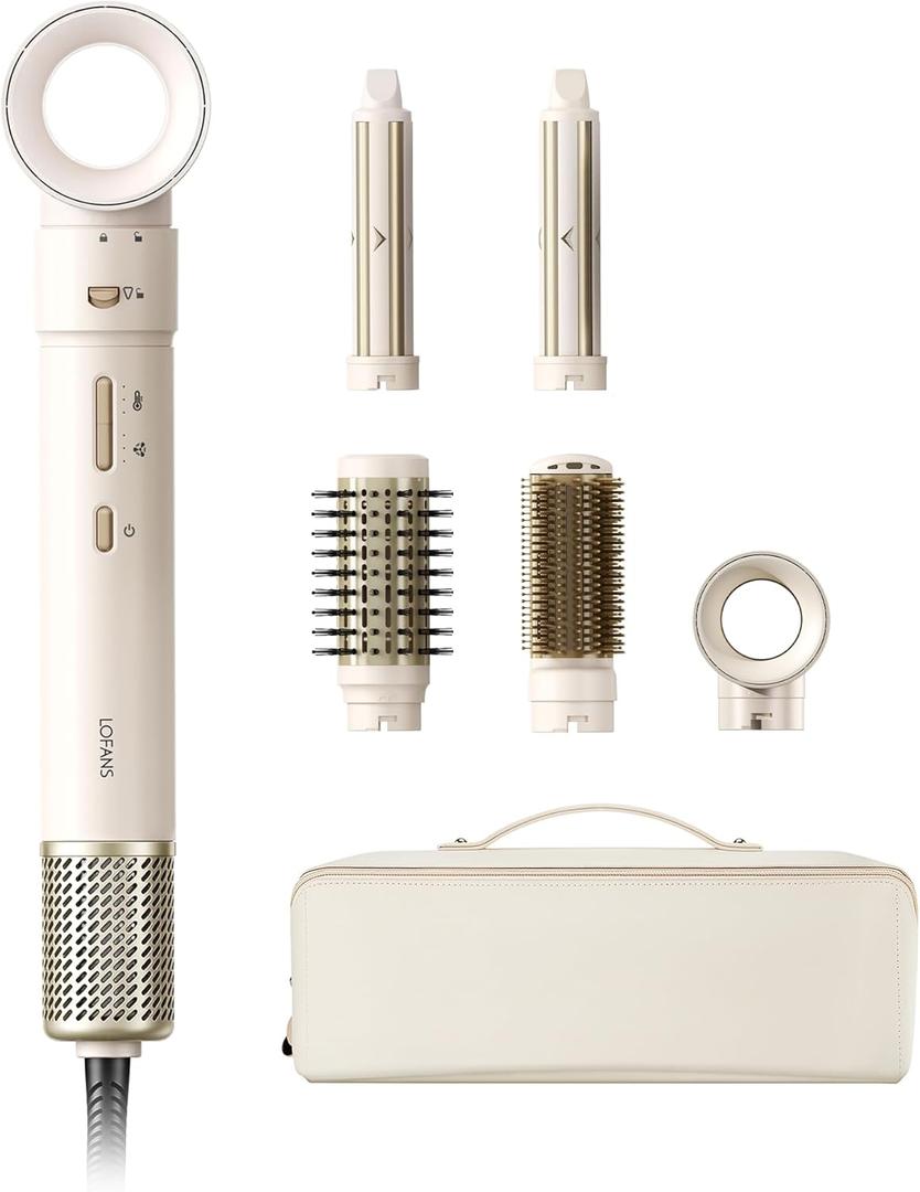 5 in 1 Multi Hot Air Styler Wrap, 110,000 RPM High-Speed Hair Dryer Brush with Auto Wrap Curlers & Blow Dryer Brush with Travel Case, Fast Drying & Frizz-Free Styling, No Heat Damage for Women (Ivory White & Champagne Gold)