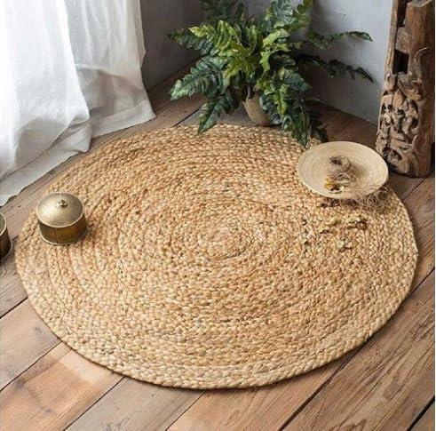 India Artistic Braided Boho Area Rug - Natural Hand Woven Jute Rag, Farmhouse Reversible Rustic Cotton Home Decor, Vibrant (3 Feet Round)