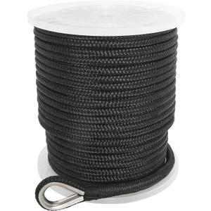 NovelBee 1/2 Inch X 250 Feet Double Braid Nylon Anchor Line with Stainless Steel Thimble and Plastic Chuck (Black)