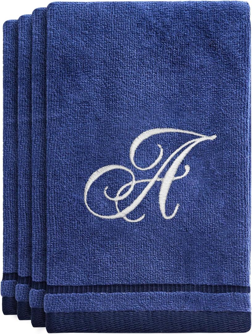 Creative Scents Navy Blue Monogrammed Towels with Initials - 4 Pack Super Absorbent Bathroom Fingertip Cotton Towel with Soft Velour Finish - Personalized Gifts for Freinds & Family 11"x18" Initial A